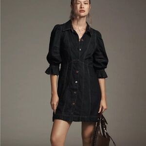 By Anthropologie Puff-Sleeve Denim Mini Shirt Dress